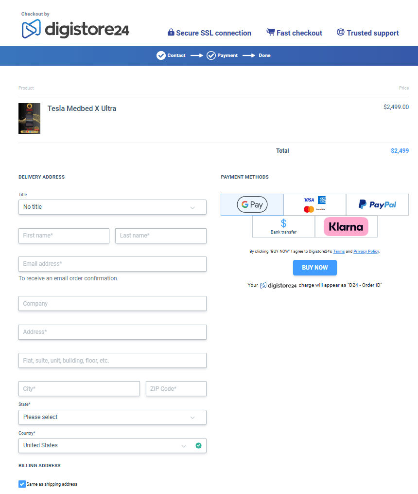 Tesla Medbed X order page